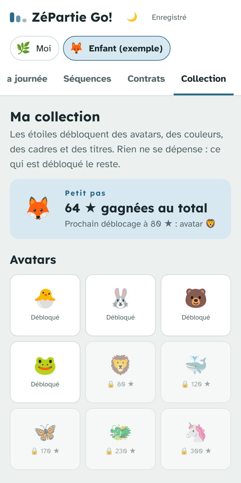 La collection : avatars d’animaux, couleurs de l’appli et cadres, certains encore verrouillés.