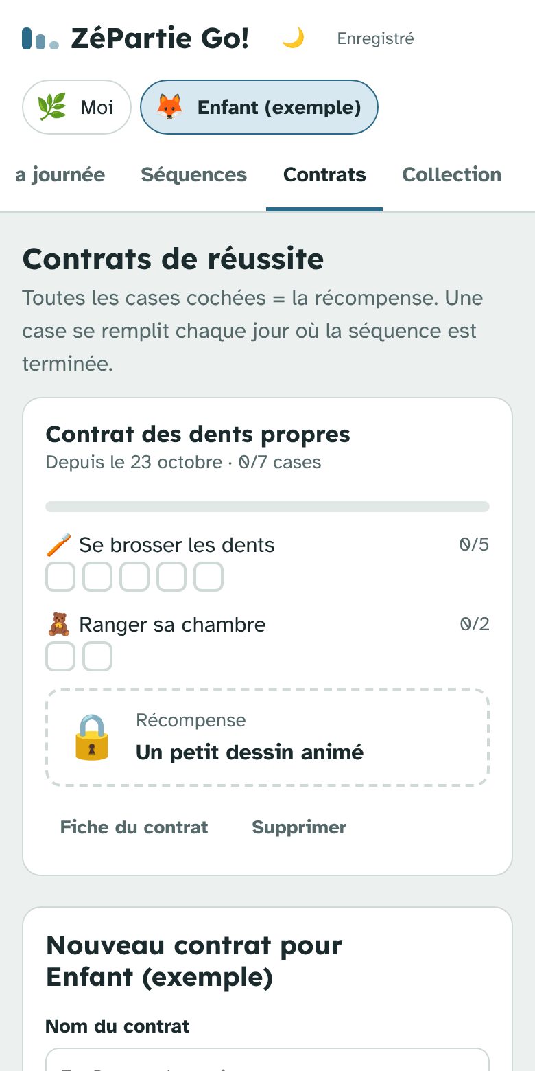 Un contrat en cours avec ses cases remplies et la récompense à gagner.