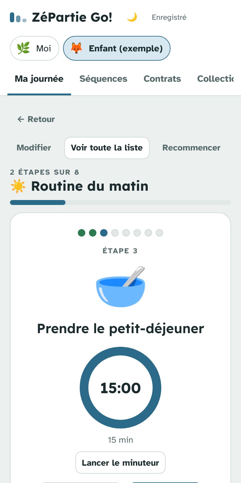 L’appli affiche l’étape 3 de la routine du matin, « Prendre le petit-déjeuner », avec un minuteur de 15 minutes.