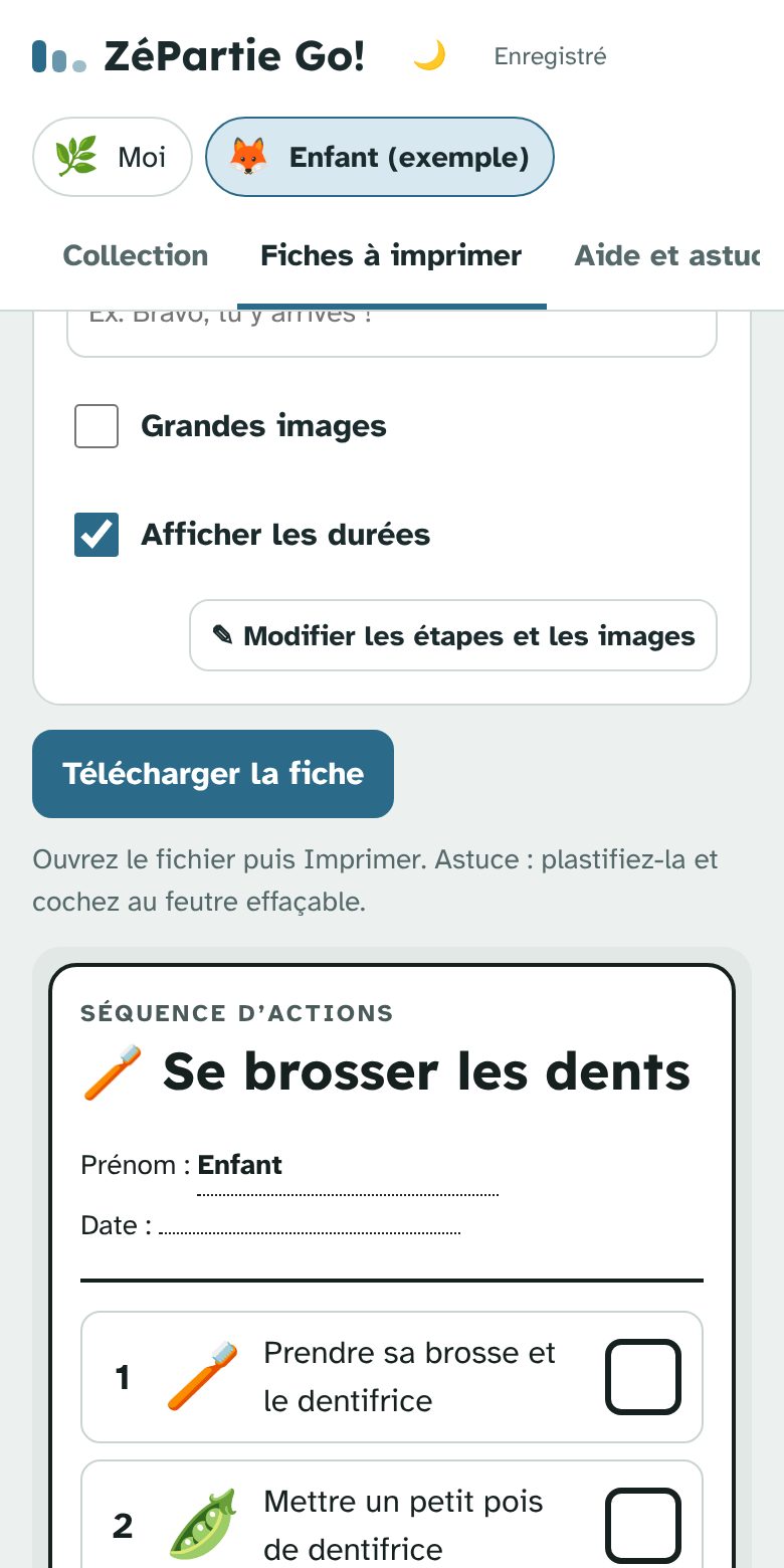 Aperçu d’une fiche imprimable « Se brosser les dents » avec une case à cocher par étape.