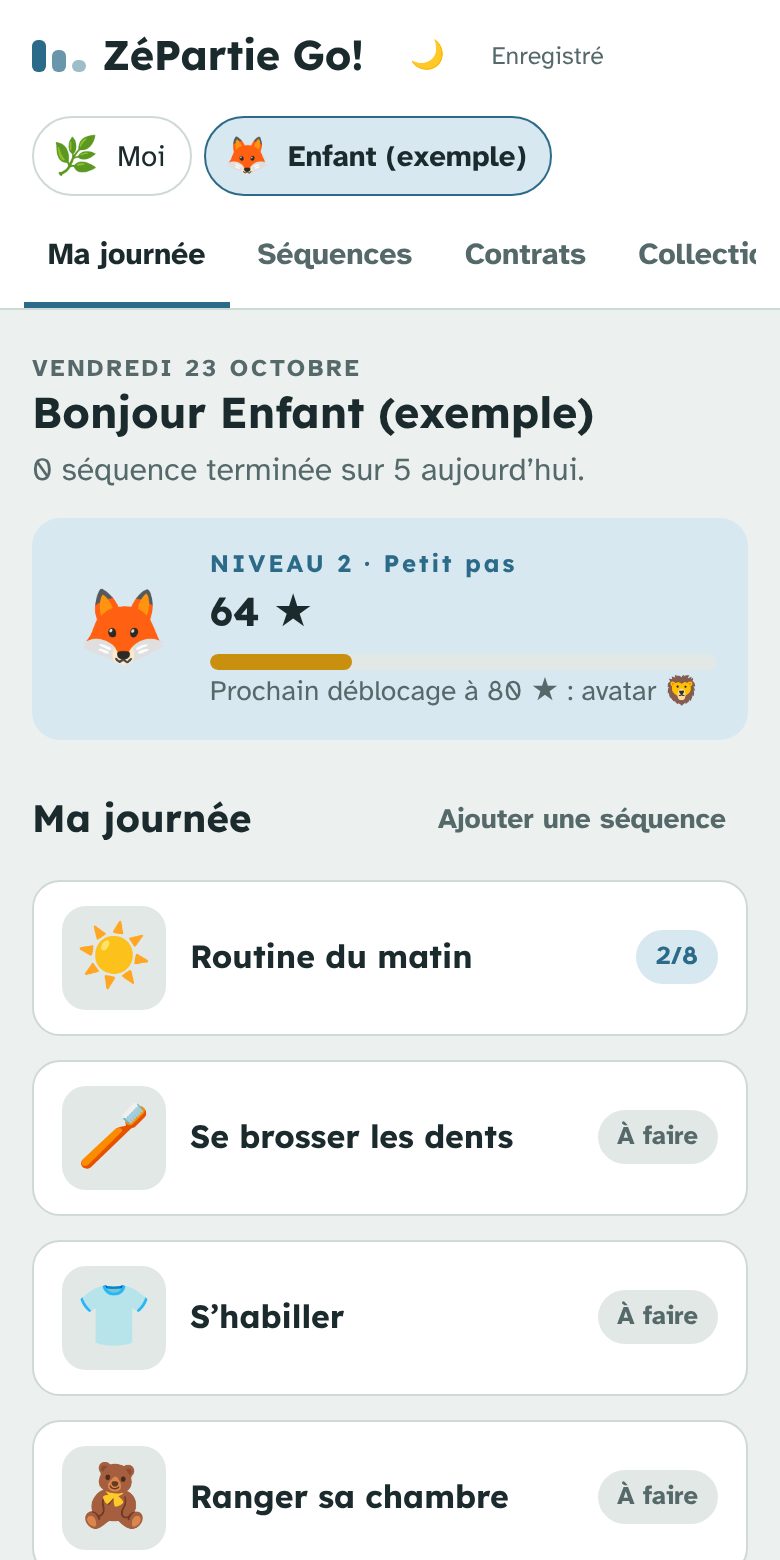 Écran « Ma journée » d’un profil enfant : niveau 2, 64 étoiles et la liste des routines.