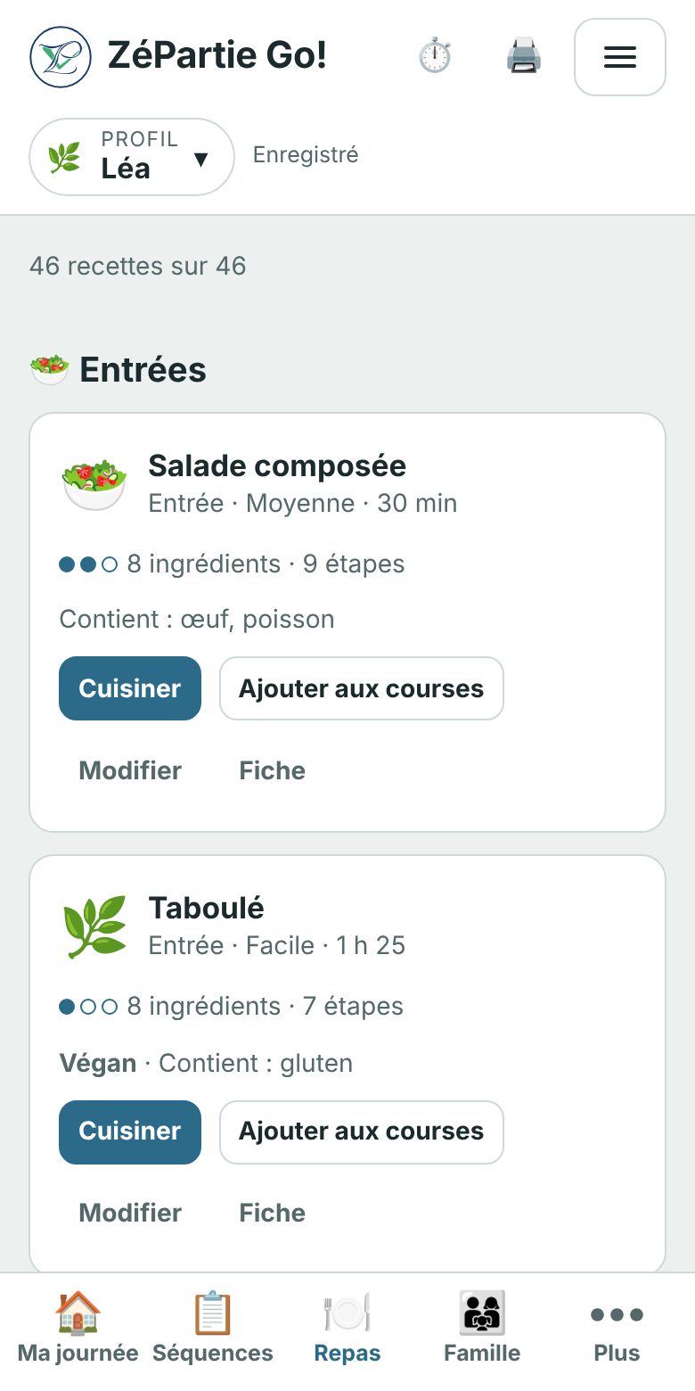 L’onglet Repas : les recettes classées par type, avec leur difficulté, leur temps et les allergènes.